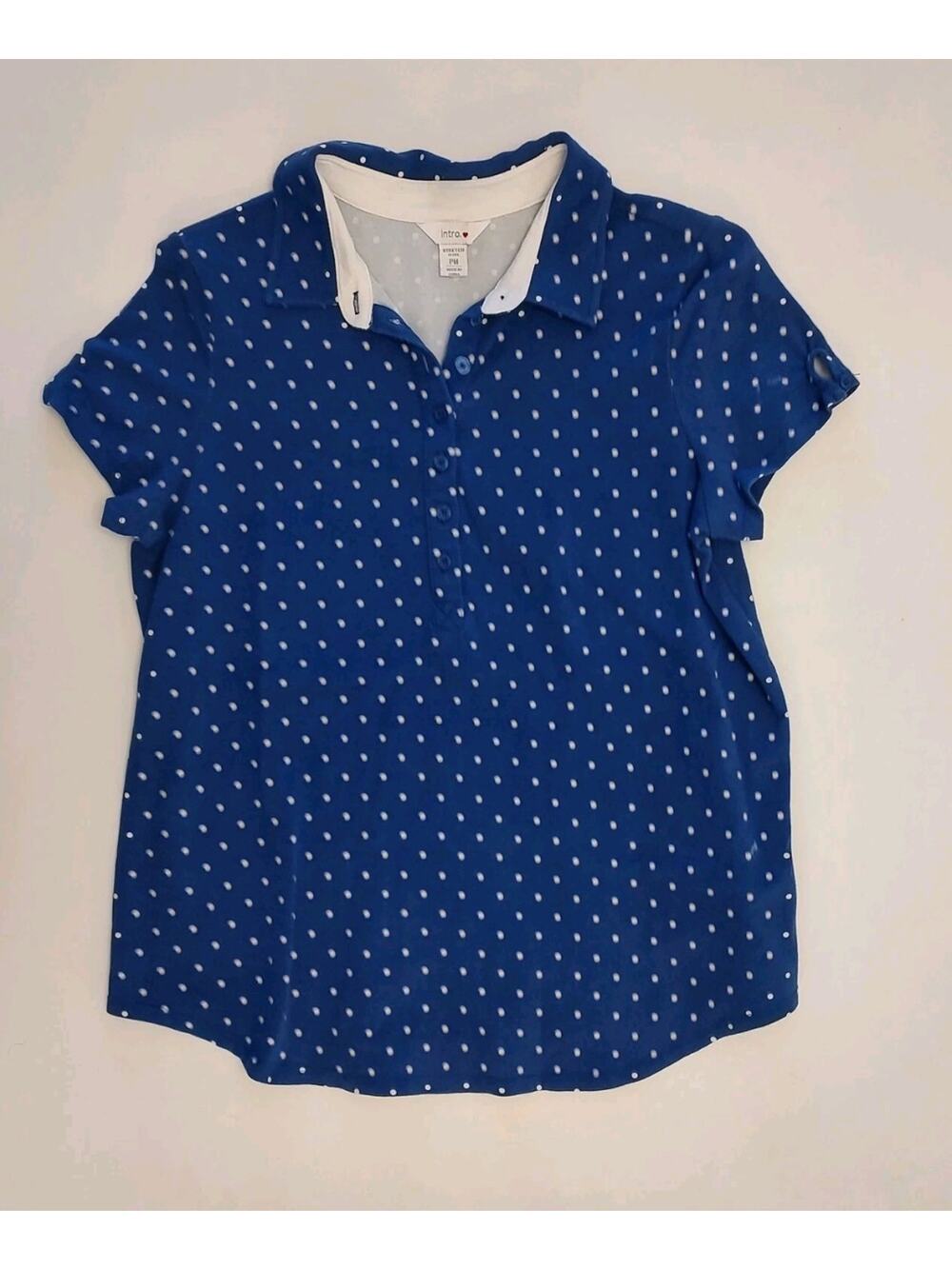 Women's Blue White Polka Dot Short Sleeve Stretch Polo Shirt Top Size Petite M